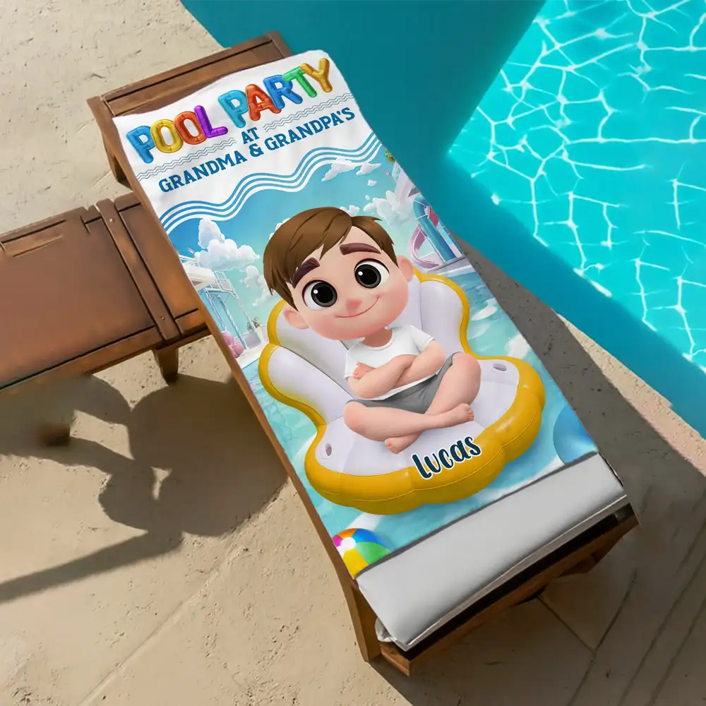 Pool Party at Grandma & Grandpa’s Personalized Beach Towel – Cute Summer Gift for Kids and Grandkids - Image 2