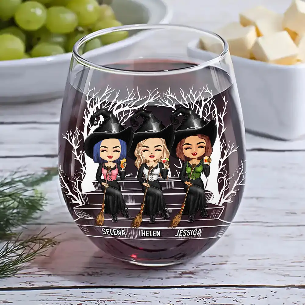 Drink Up Witches Halloween Wine Glass – Custom Witch Sisters Sitting on Bench – Spooky Gift for Best Friends or Sisters - Image 6