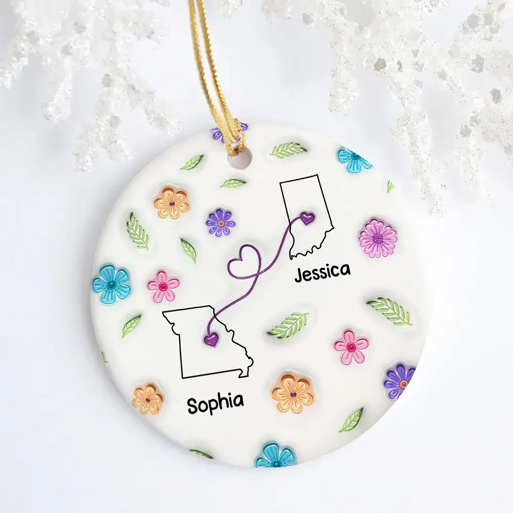 Sisters Across States Round Ceramic Ornament with Heart Path & Floral Accents - Image 2