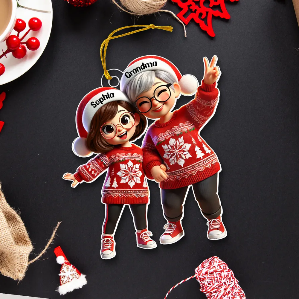 Festive Acrylic Ornament – Grandma & Me, Peace-Sign Pose, Personalized Holiday Gift - Image 5
