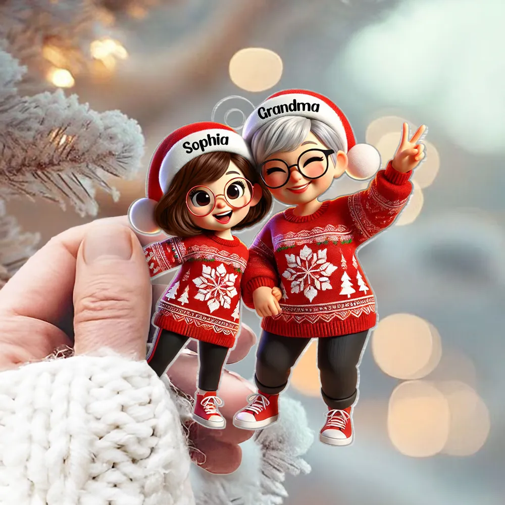 Festive Acrylic Ornament – Grandma & Me, Peace-Sign Pose, Personalized Holiday Gift - Image 6