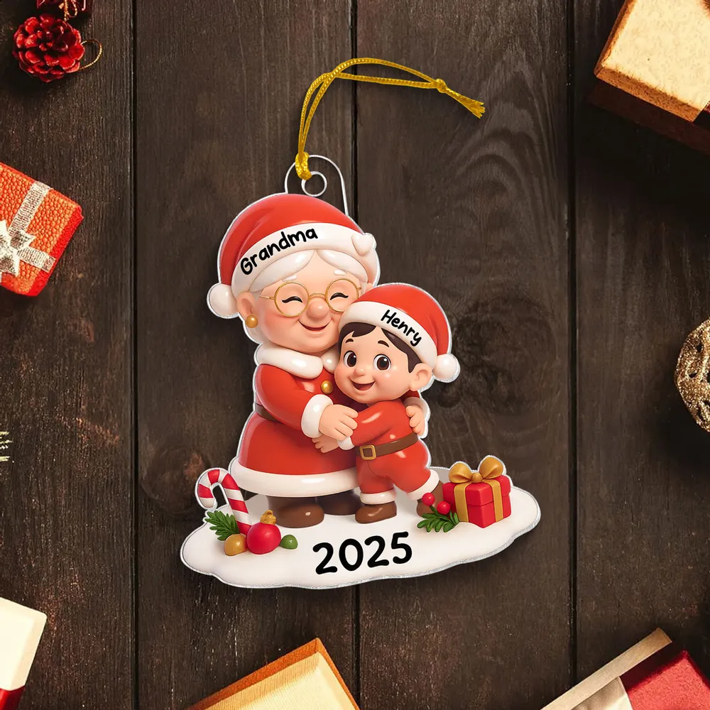 Personalized 3D Effect Acrylic Ornament - Santa Grandma Hugging - Image 5
