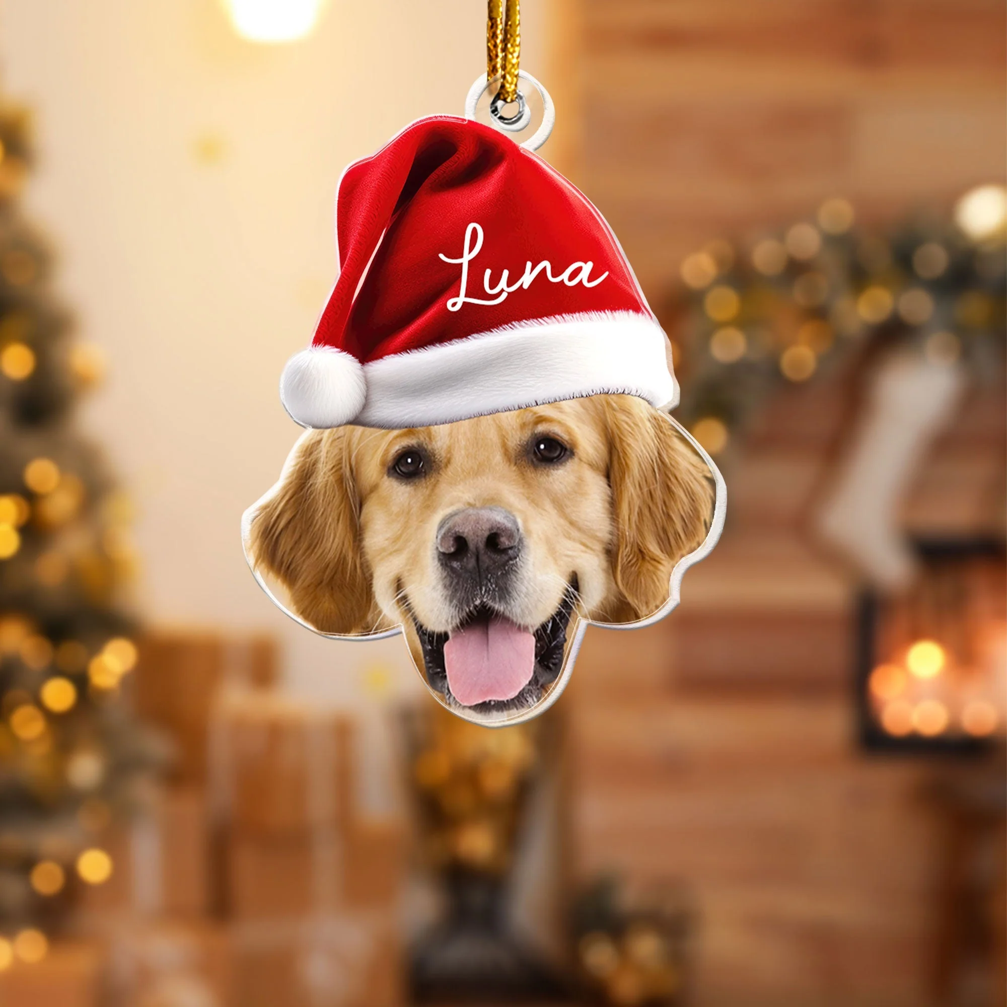 Personalized Acrylic Ornament for Pet Lovers – Santa Cap Portrait, Clear Cutout - Image 2