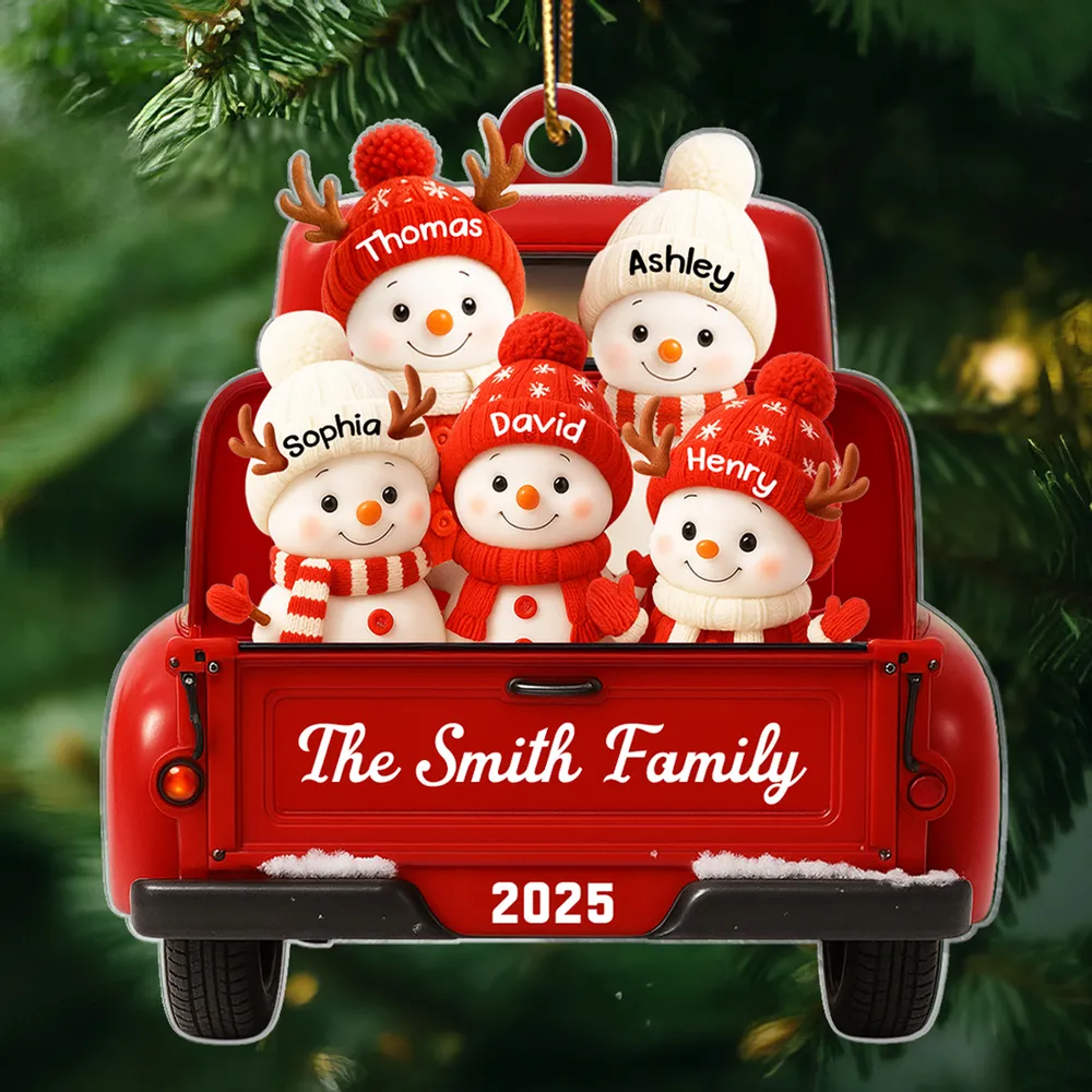 Christmas Acrylic Ornament with Snowman Family in Red Truck, Festive Holiday Décor for Tree & Home - Image 3