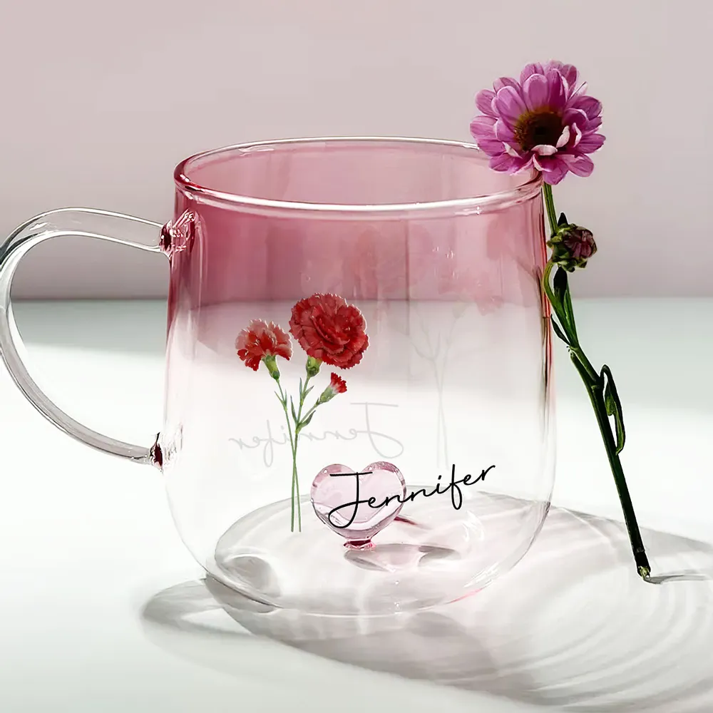 Gradient Glass Mug with Floral Print and Heart-Shaped Base, Elegant Gift Choice - Image 3