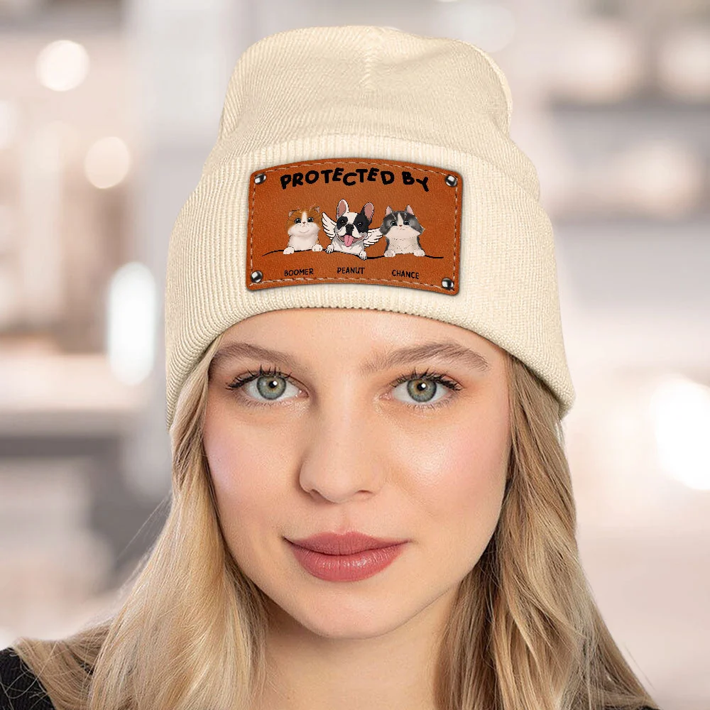 Custom Leather Patch Beanie Hat with Dog & Cat Design - Image 4