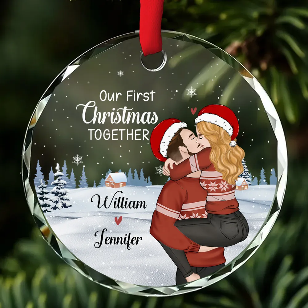 Crystal Ornament with Romantic Couple Illustration, Cozy Holiday Vibes, Perfect Gift for Couples - Image 5
