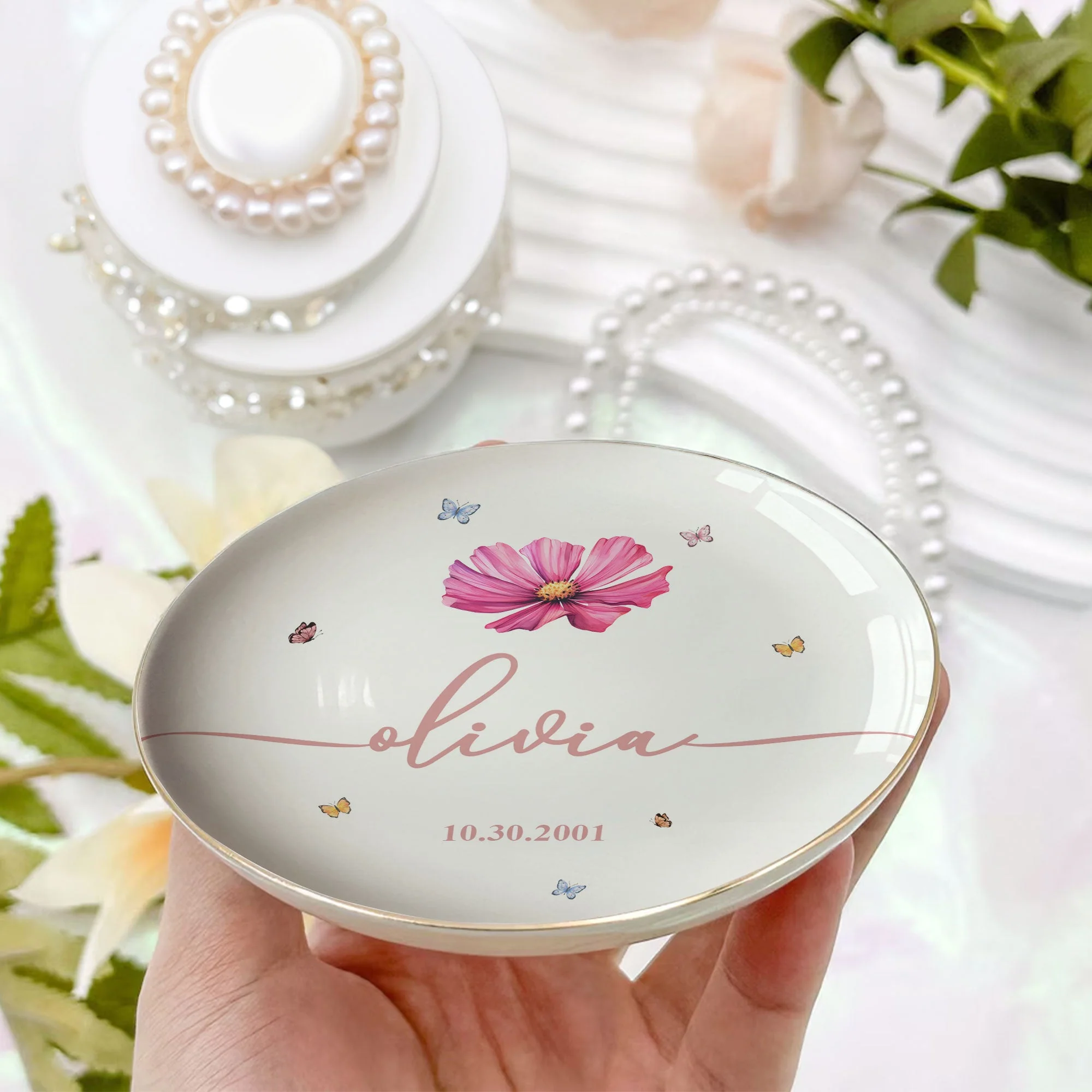 Custom Floral Jewelry Dish with Elegant Accents, Personalized Gift - Image 3