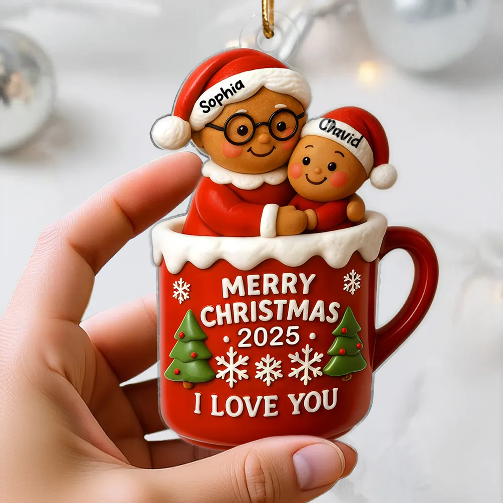 Acrylic Ornament with Grandma and Child in Red Christmas Mug, Festive Holiday Décor and Perfect Gift for Family - Image 3