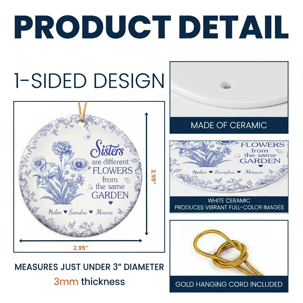 Sisters Ceramic Ornament with Blue Flower Pattern, Sentimental Home Décor and Gift-Ready Keepsake - Image 4