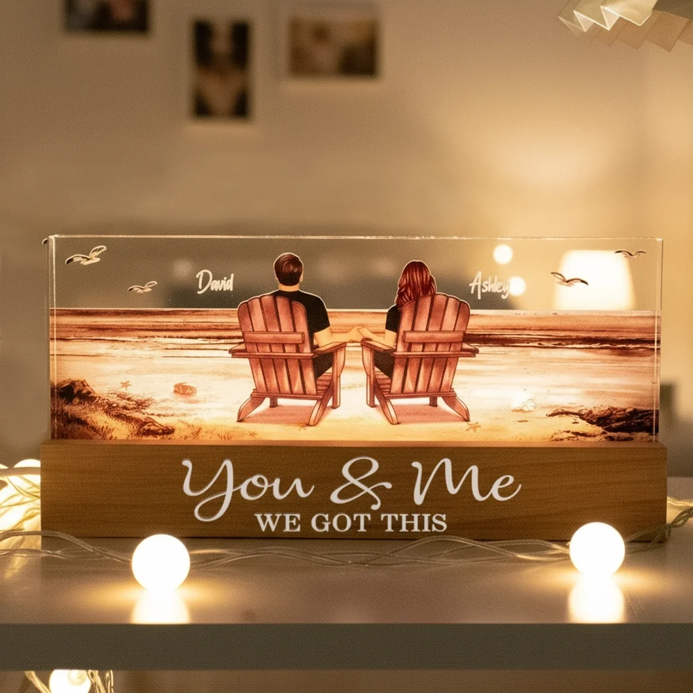Block LED Light Plaque with Beach Couple Design, Romantic Ambience, Perfect Gift for Couples