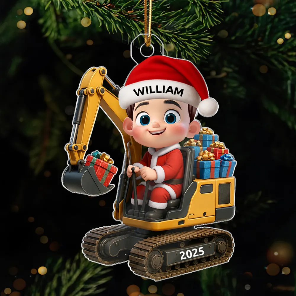 Christmas Acrylic Ornament with Cute Excavator and Santa Kid – Festive Decoration & Perfect Gift for Children - Image 3