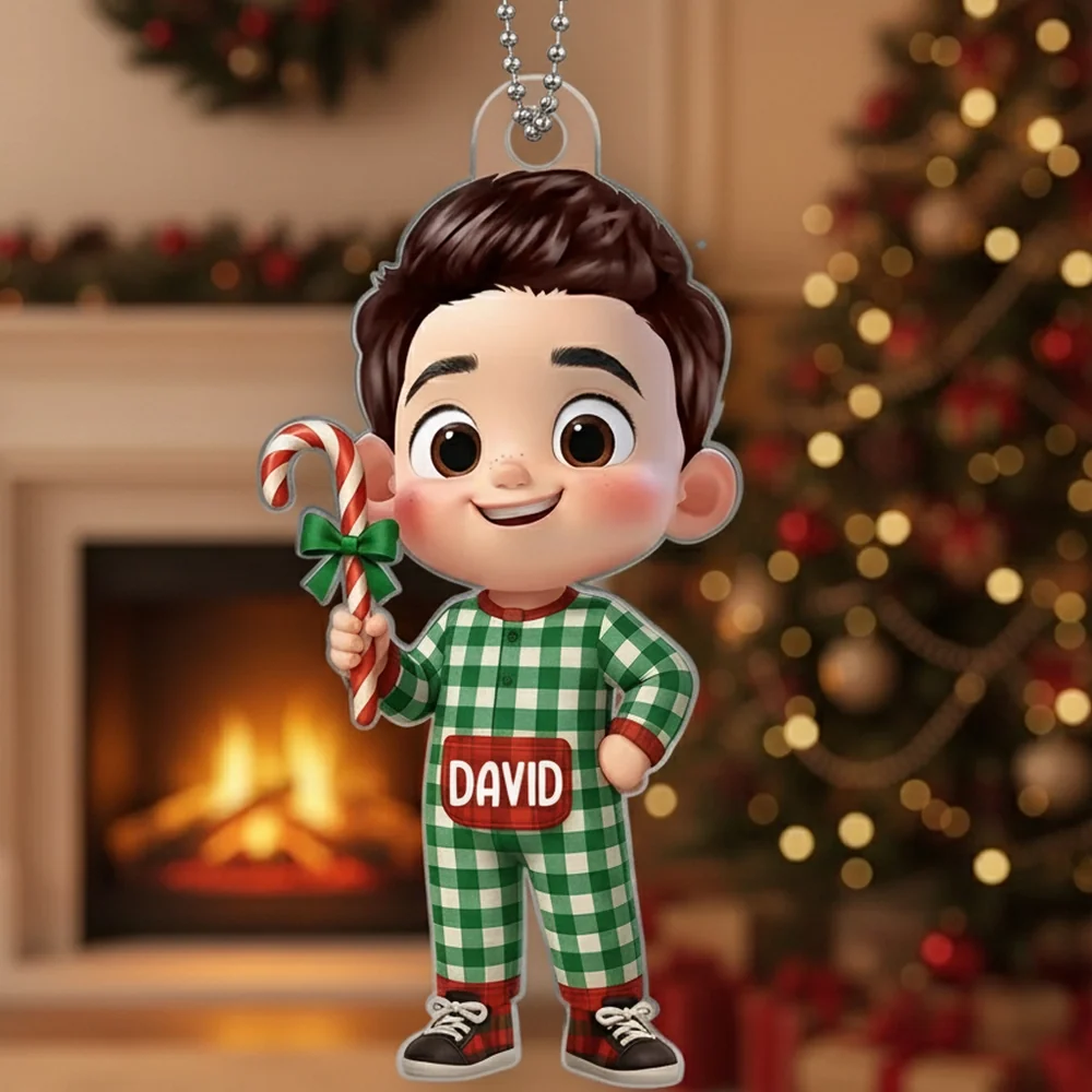 Kids in Pajamas Acrylic Ornament – Personalized Christmas Decoration, Clear and Textured Collectible Gift for Families