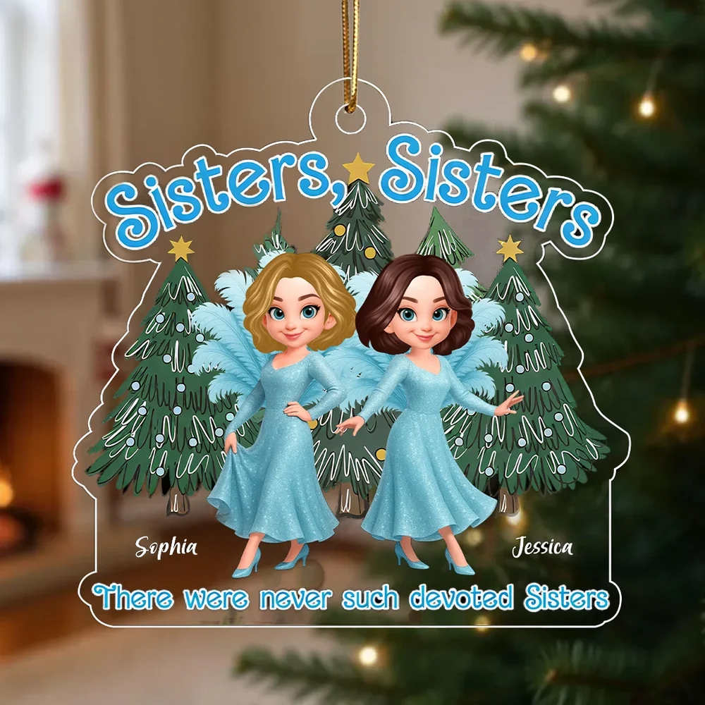 Personalized Sisters Acrylic Ornament featuring glitter blue dress design, holiday decoration and keepsake gift