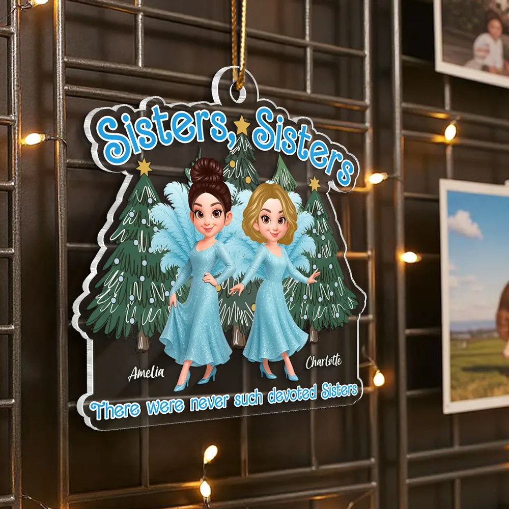 Personalized Sisters Acrylic Ornament featuring glitter blue dress design, holiday decoration and keepsake gift - Image 5