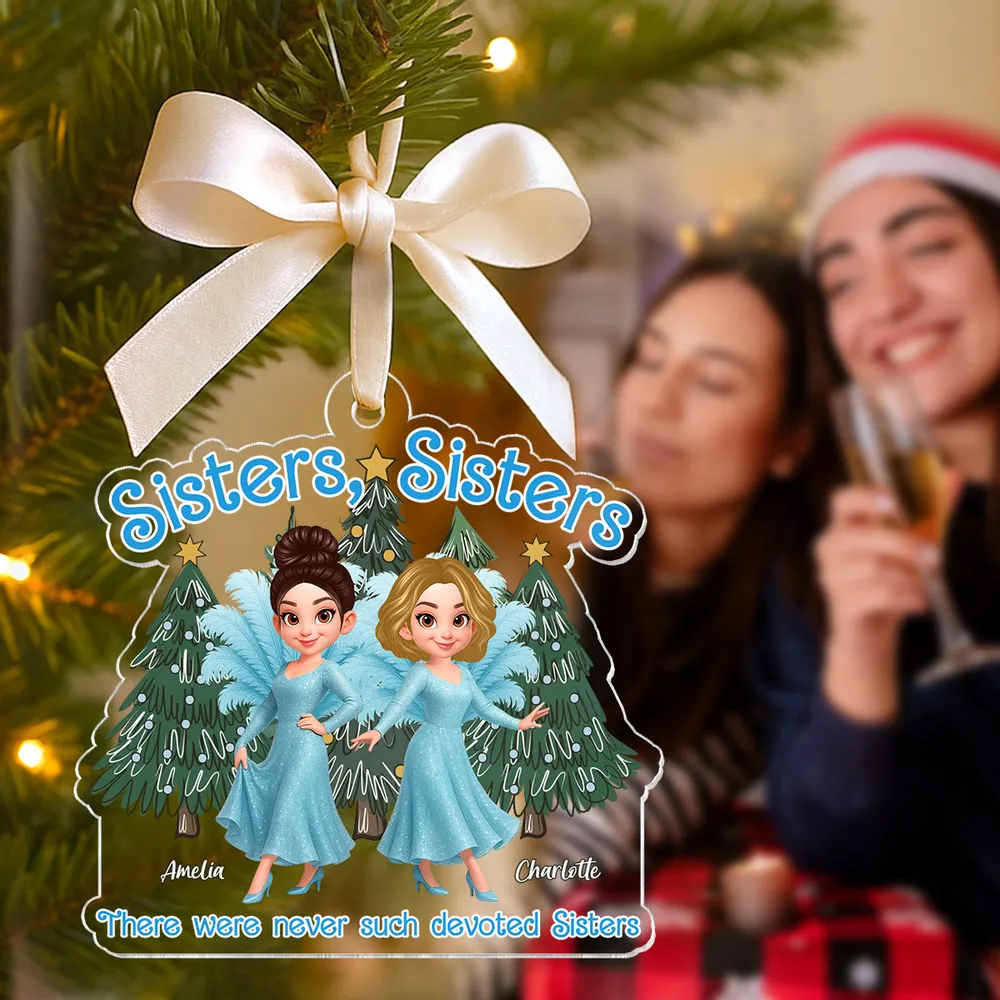 Personalized Sisters Acrylic Ornament featuring glitter blue dress design, holiday decoration and keepsake gift - Image 6