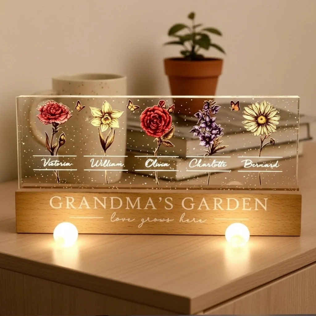 Personalized Block LED Light Plaque, Grandma's Garden Birth Month Flowers, Unique Gift for Grandma