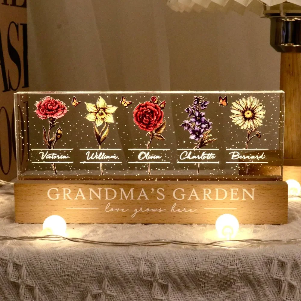 Personalized Block LED Light Plaque, Grandma's Garden Birth Month Flowers, Unique Gift for Grandma - Image 2