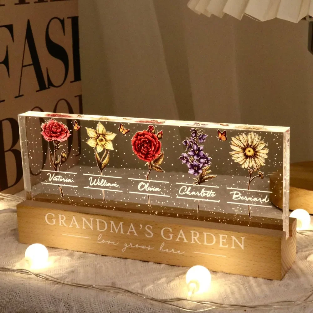 Personalized Block LED Light Plaque, Grandma's Garden Birth Month Flowers, Unique Gift for Grandma - Image 3