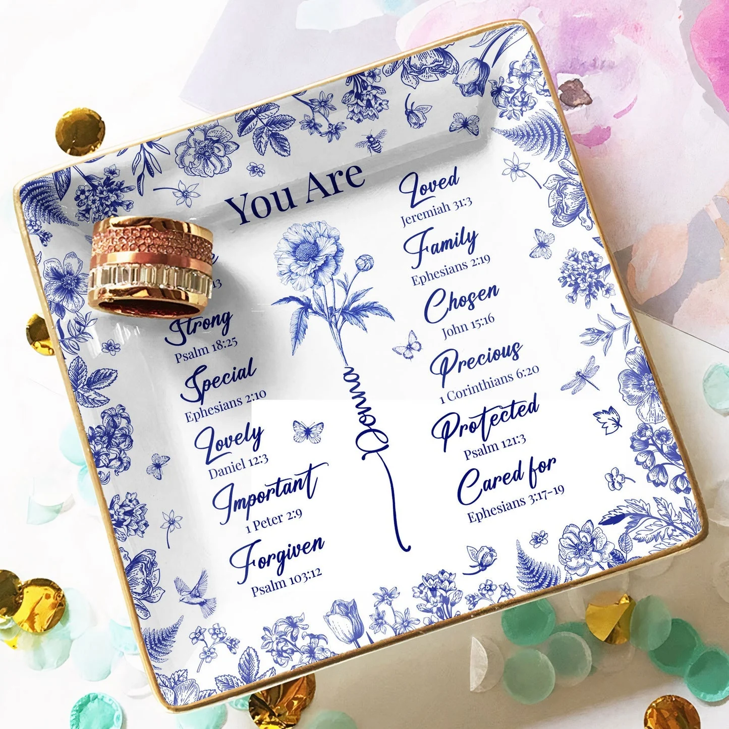 Jewelry Dish for Women, blue floral border with affirmation words, gold rim accents, elegant keepsake, customizable, a thoughtful gift - Image 5