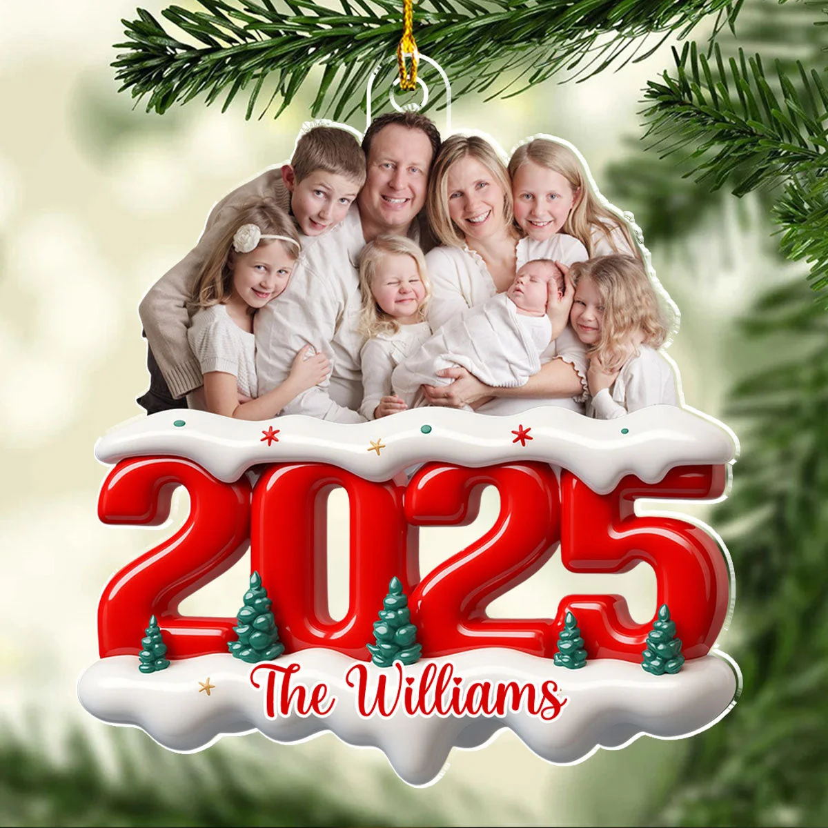 Acrylic Ornament with Custom Photo, Snowy Red Number for Christmas Tree Decor — a unique gift for family or parents - Image 2