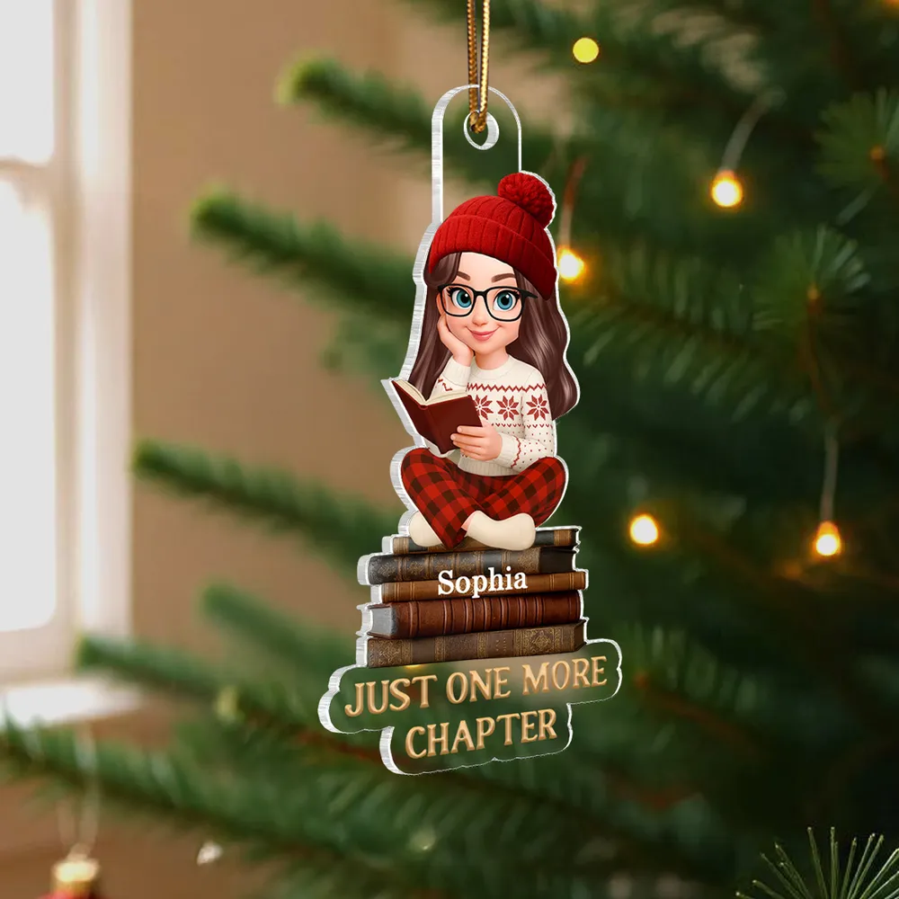 Custom Name & Look Book Lover Ornament: Personalized Acrylic Reading Girl Tree Decor | Choose Skin Tone & Body Type Gift - Image 3