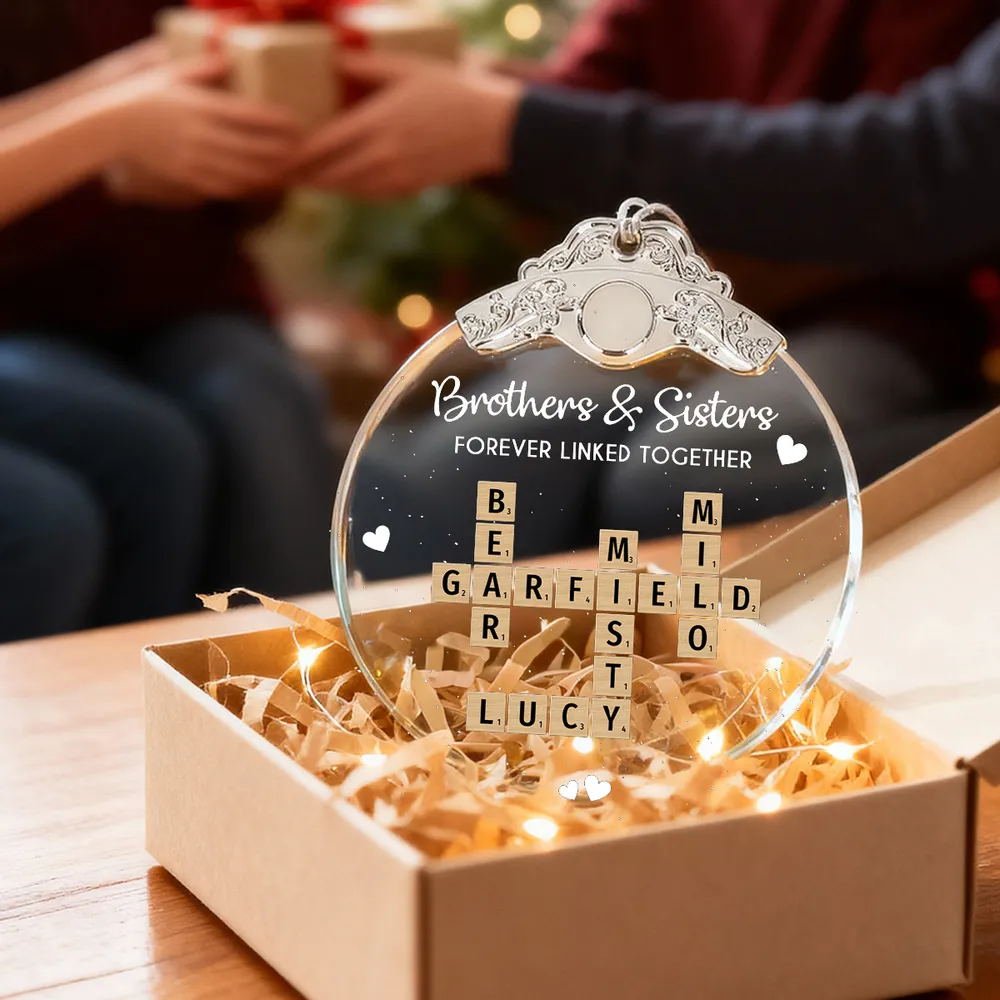 Silver Capped Glass Ornament with siblings crossword tiles, cozy tree display, warm family keepsake, gift-ready decoration for Christmas gatherings - Image 3