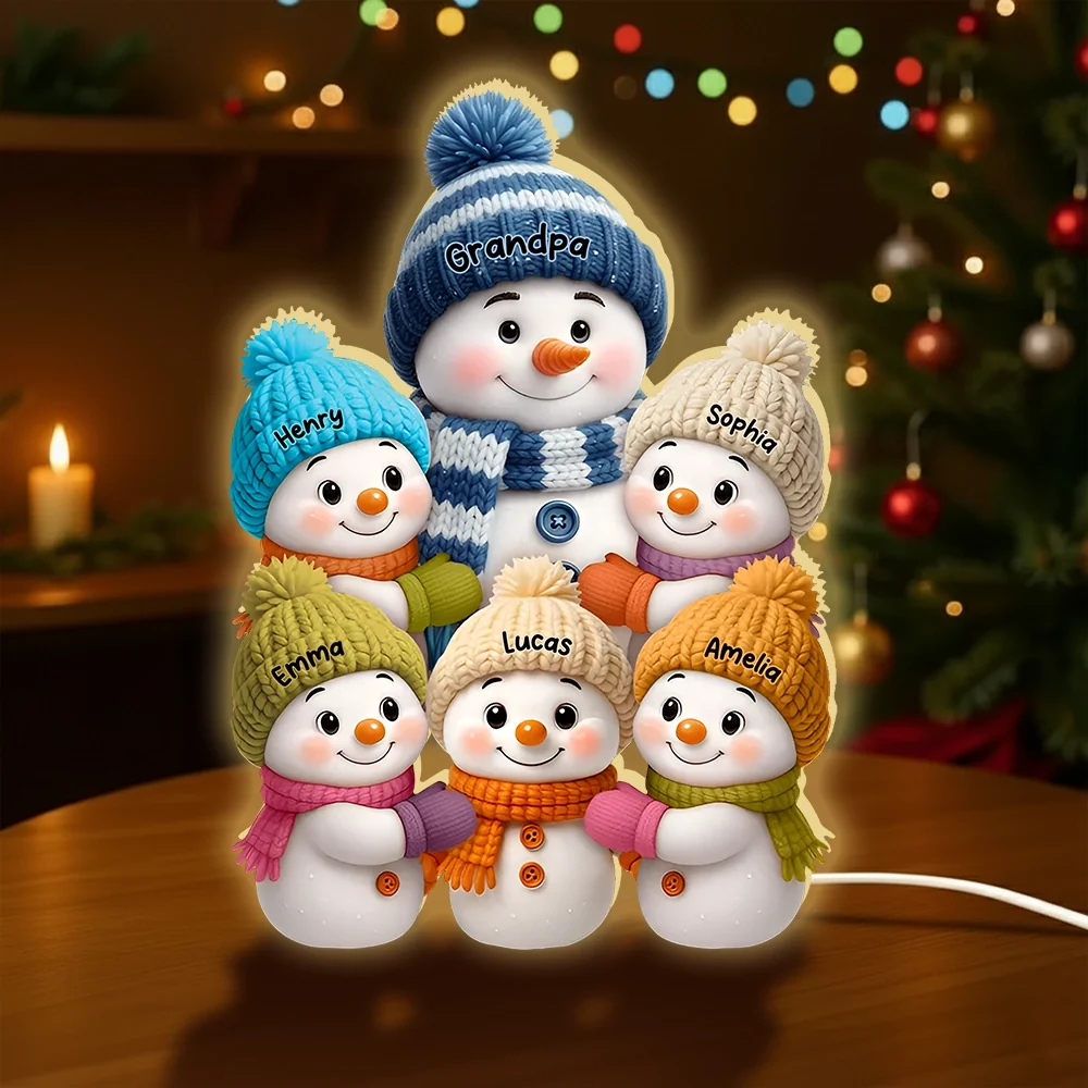 Snowman Grandpa with Kids Acrylic Light Box, glowing family scene with cozy winter lights, perfect Christmas gift for grandparents