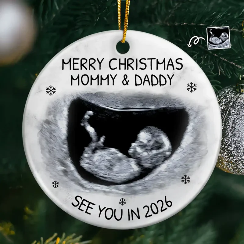 Christmas Ultrasound Ceramic Ornament for Mom and Dad, baby announcement keepsake for the tree, a heartfelt holiday gift. - Image 7