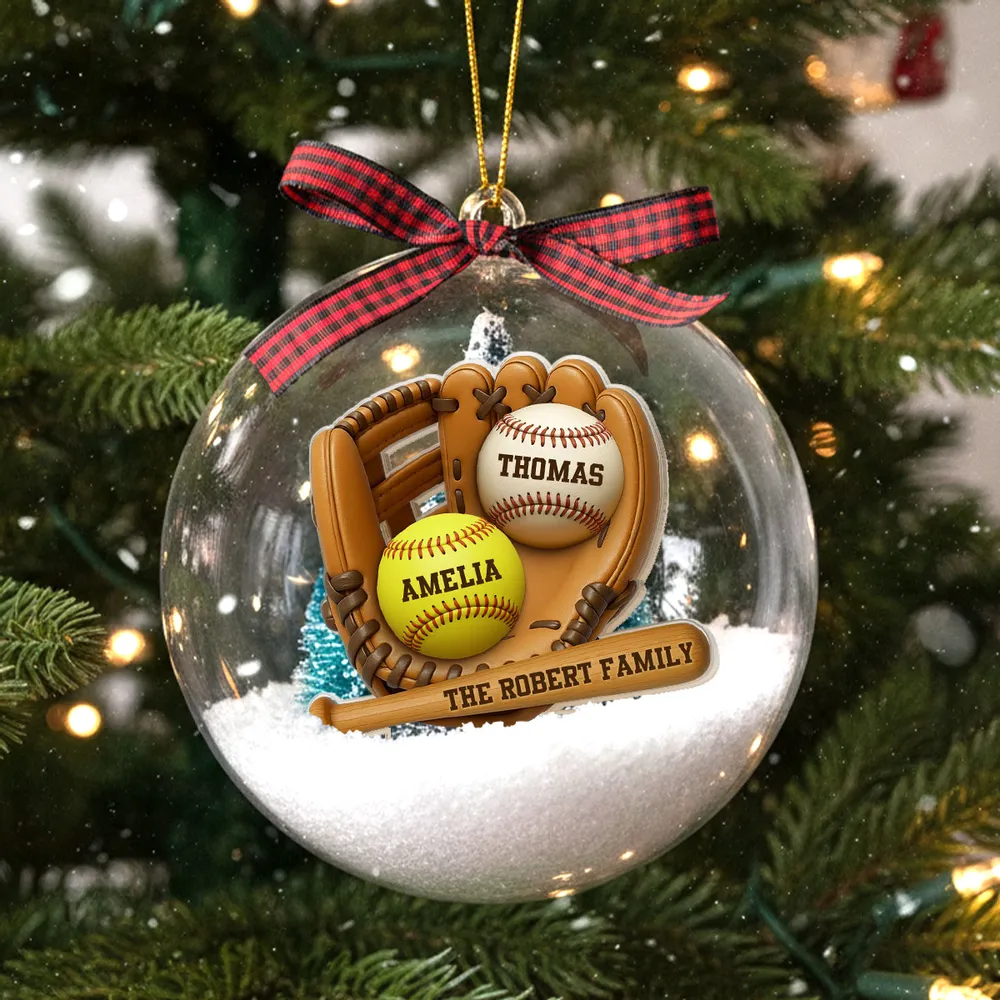 Snow Globe Ornament with Baseball Glove & Softball, Custom Family Keepsake for the Tree, Unique Holiday Gift for Sports Fans - Image 5