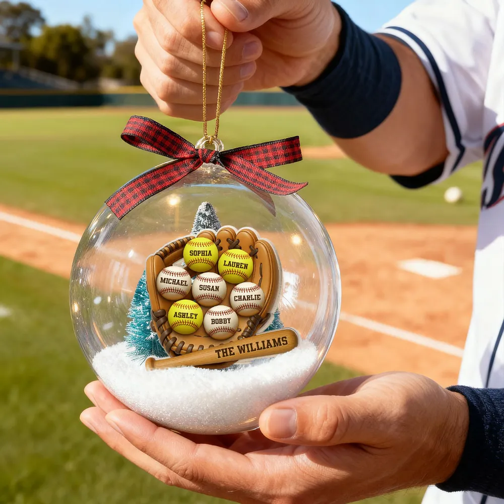 Snow Globe Ornament with Baseball Glove & Softball, Custom Family Keepsake for the Tree, Unique Holiday Gift for Sports Fans - Image 7