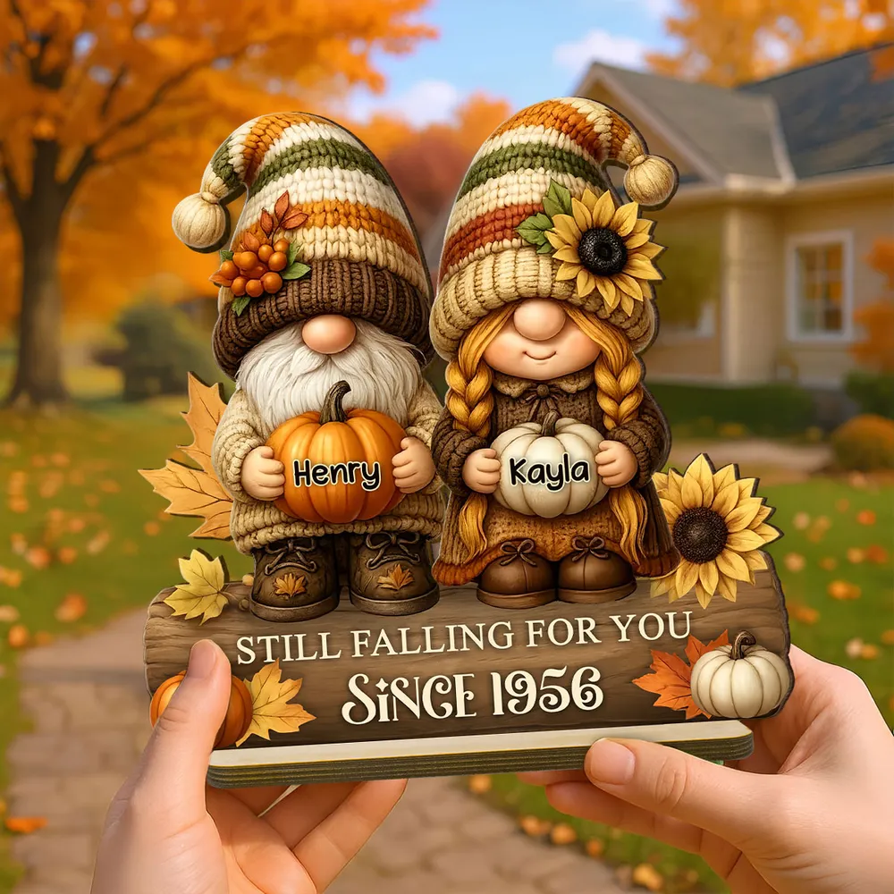 Gnome Couple Wooden Plaque, Customizable Fall Pumpkins and Sunflowers, Romantic Keepsake for Home, Unique Couple Gift - Image 11