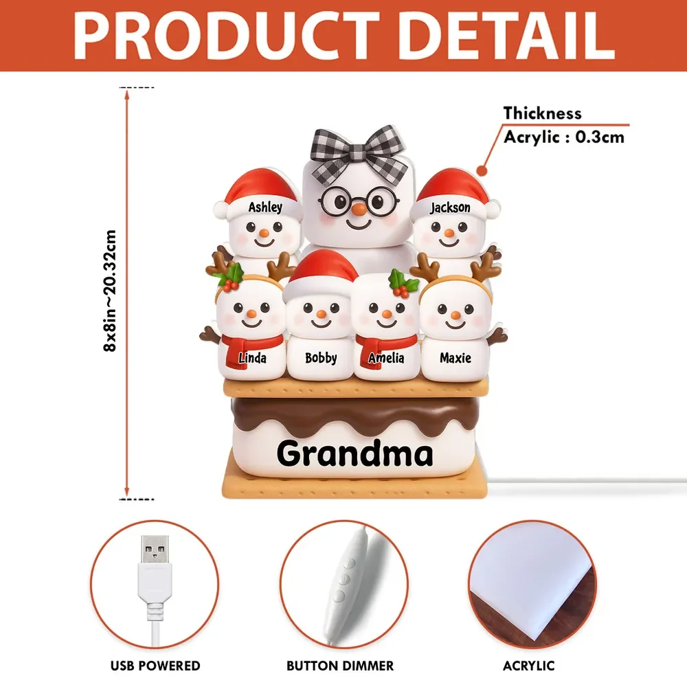 Personalized Acrylic Light Box - Cute S'mores Marshmallow Stack with Santa Hats & Warm Glow - Unique Gift for Grandma - Image 4