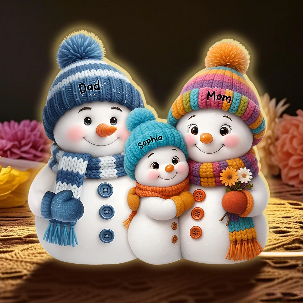 Personalized Snowman Family Acrylic Light Box with soft lighting, heartfelt winter gift for parents or loved ones