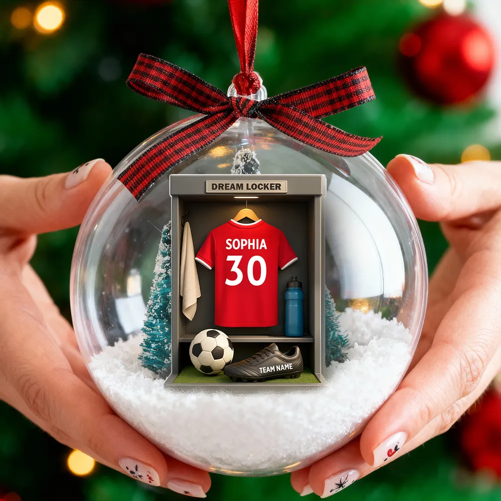 Christmas Snow Globe Ornament - Soccer Locker Mini Scene, Clear Acrylic, Personalized - Unique Gift for Son, Grandson, Boyfriend - Image 2