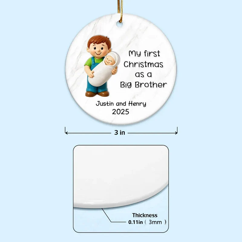 Personalized Big Brother Big Sister Ceramic Ornament celebrating first Christmas as a sibling, round ceramic holiday décor gift - Image 4