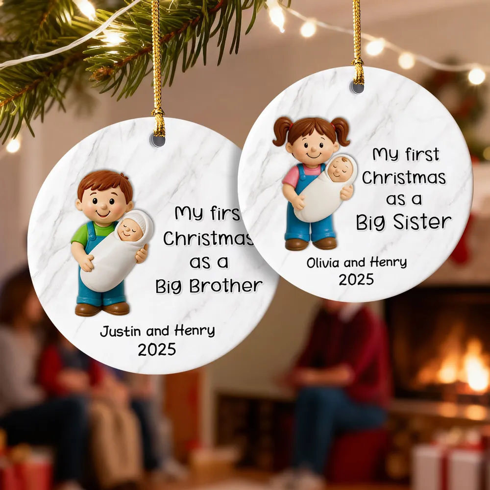 Personalized Big Brother Big Sister Ceramic Ornament celebrating first Christmas as a sibling, round ceramic holiday décor gift - Image 8