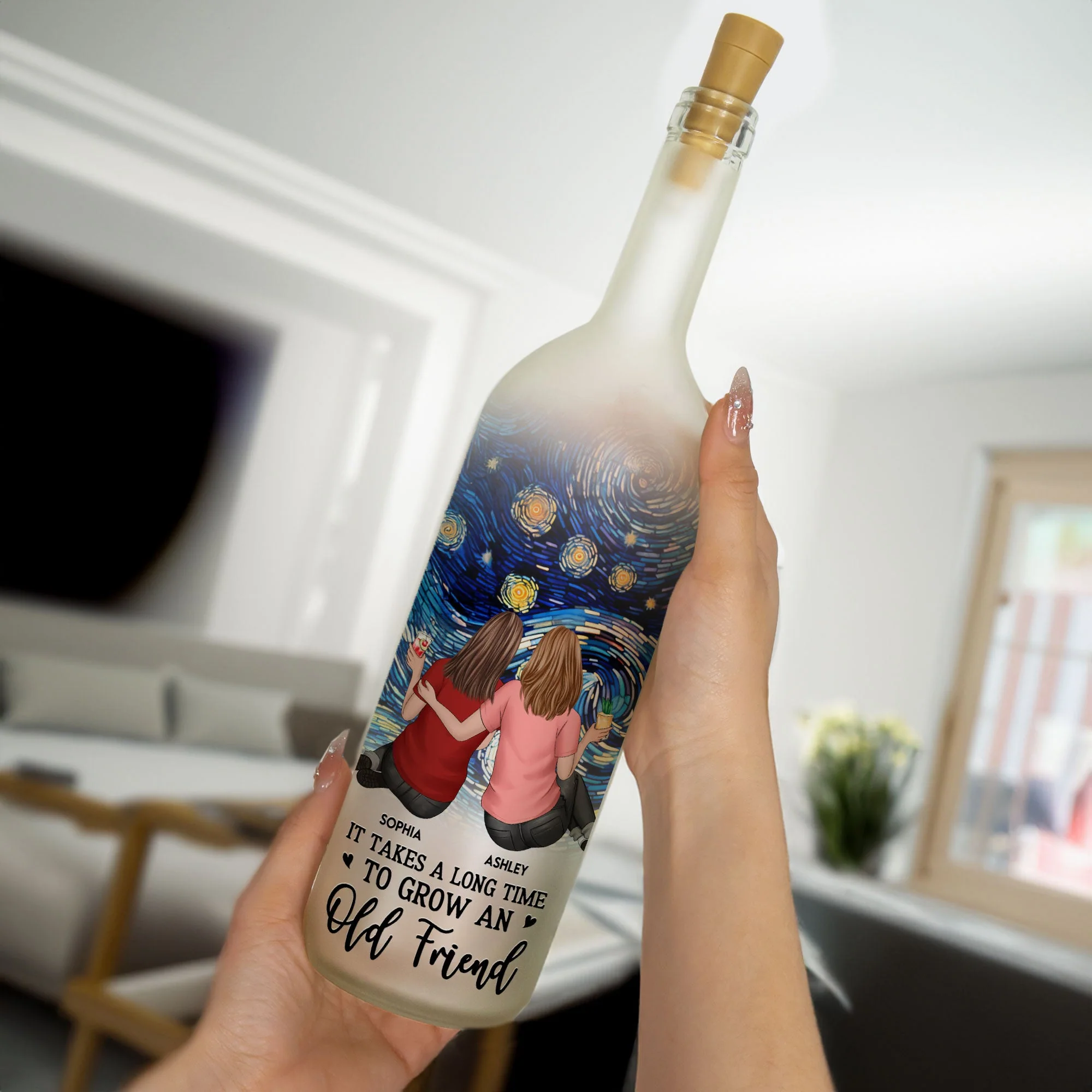 Bottle Lamp with Starry Sky Art, Hugging Friends Scene, Cozy Glow Decor, A Unique Gift for Best Friend - Image 3