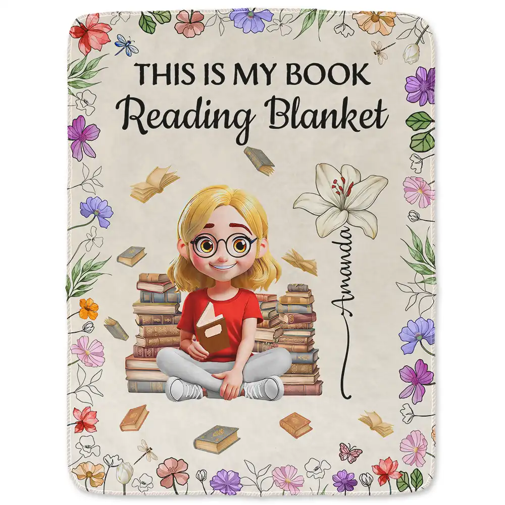 Personalized Fleece Blanket With Reading Girl & Flowers, Unique Creative Gift for Book Lovers - Image 3