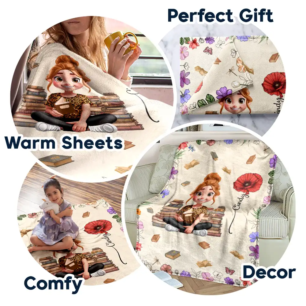 Personalized Fleece Blanket With Reading Girl & Flowers, Unique Creative Gift for Book Lovers - Image 7