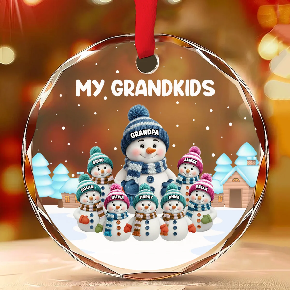 Crystal Ornament with Snowman Grandkids, Snowy Village Scene, customizable decor, heartfelt keepsake, unique gift for Grandma Grandpa - Image 3