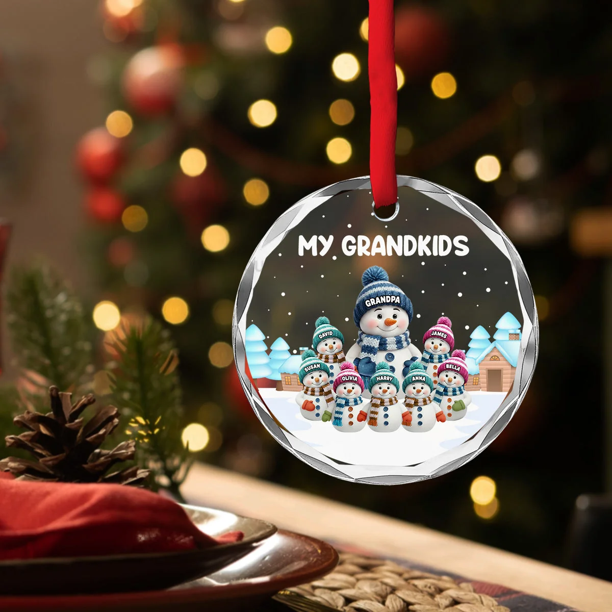 Crystal Ornament with Snowman Grandkids, Snowy Village Scene, customizable decor, heartfelt keepsake, unique gift for Grandma Grandpa - Image 6