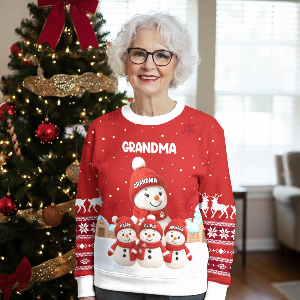 Grandma Snowman Family Sweatshirt, Personalized All-Over Print, Snowy Village Scene, a Unique Christmas Gift for Grandma - Image 2