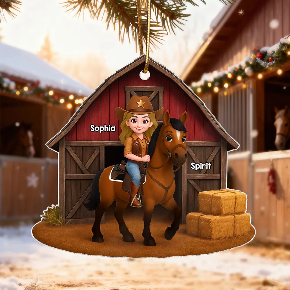 Acrylic Ornament, Cowgirl Riding Horse at Red Barn, Custom Farm Scene, a unique gift for Horse Lovers & Kids - Image 6