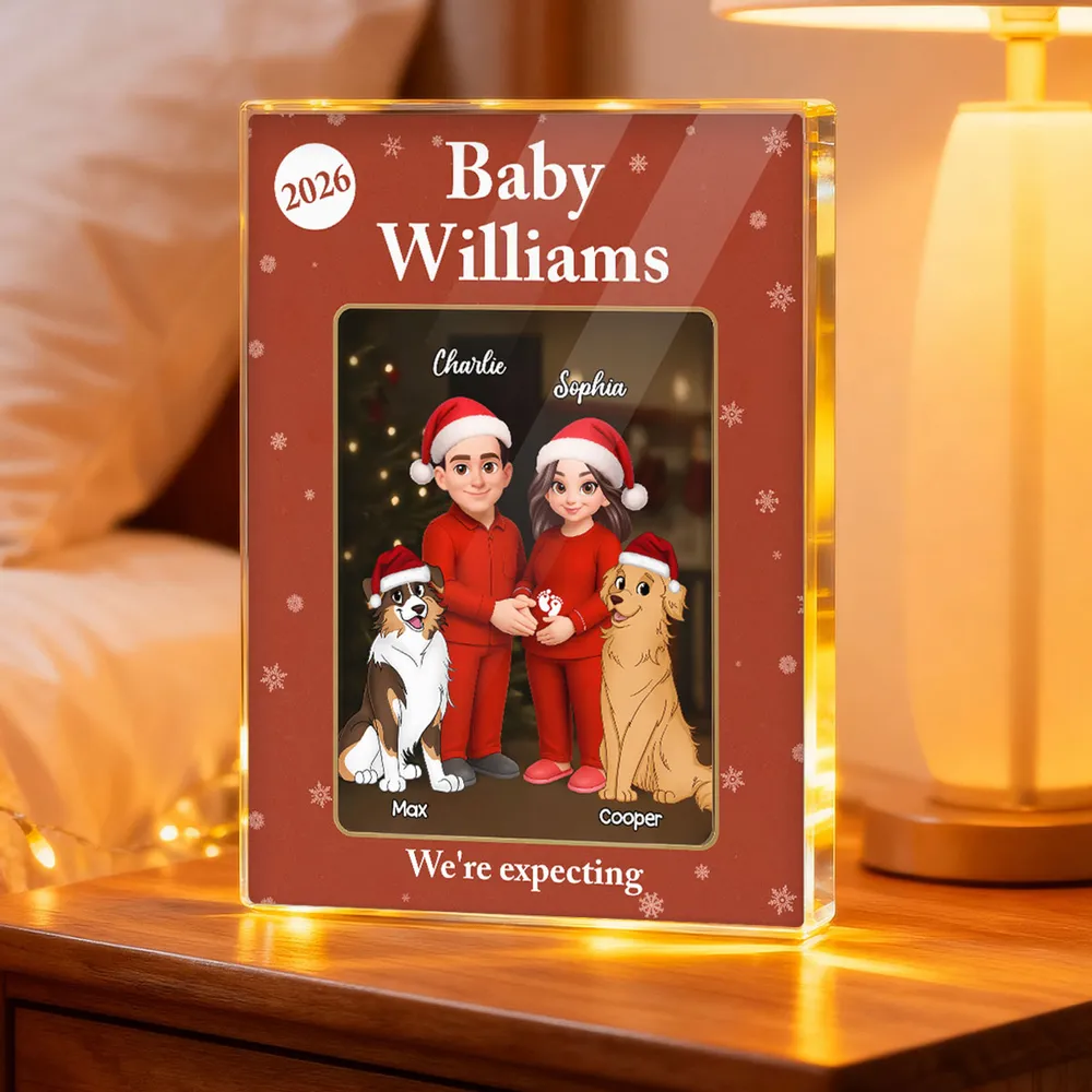 Acrylic Block Plaque Expecting Couple With Dogs, Christmas Santa Hats, Cute Cartoon, a Unique Gift for New Parents - Image 2