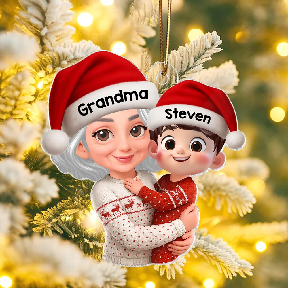 Christmas Acrylic Ornament - Grandma Hugging Grandkid in Santa Hats, Cute Cartoon Tree Decor, a Unique Gift for Family - Image 9