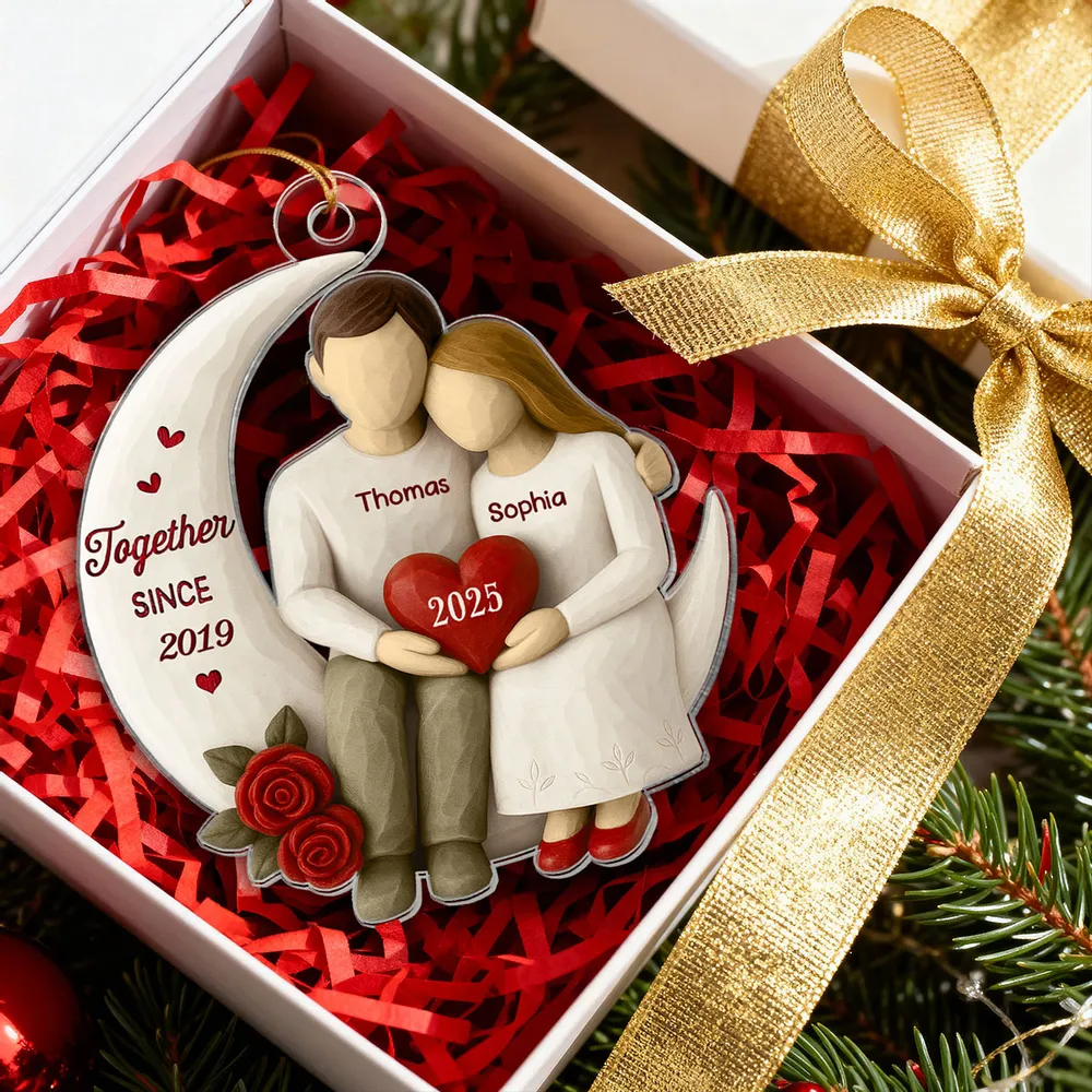 Acrylic Ornament with Crescent Moon Couple & Roses, Romantic Quote, Christmas Keepsake, Unique Gift for Couples - Image 3