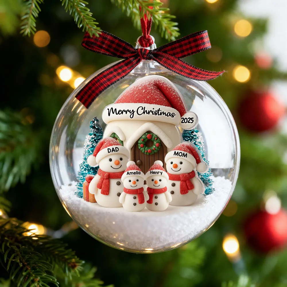 Snowman Family Ball Ornament - Snow Globe Look, Cozy Snow House - A unique Christmas gift for Parents & Family - Image 4