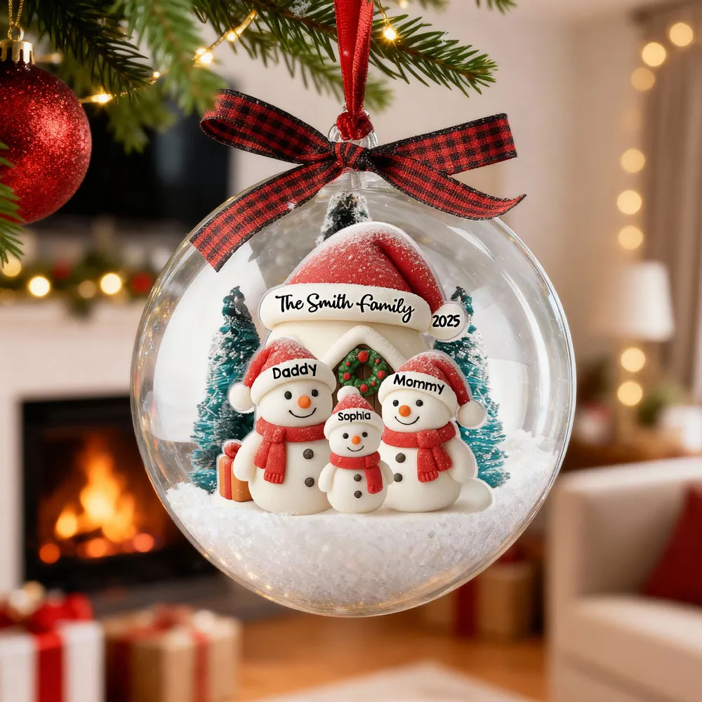 Snowman Family Ball Ornament - Snow Globe Look, Cozy Snow House - A unique Christmas gift for Parents & Family - Image 5