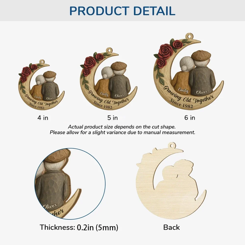 Ornament - Crescent Moon Wood with Elderly Couple & Roses, Romantic Tree Decor, unique gift for Grandparents and Couples - Image 4